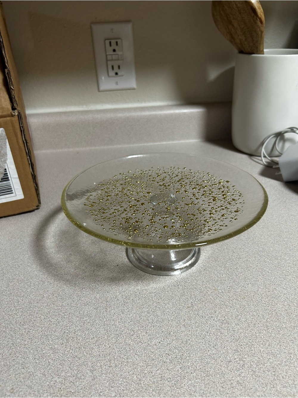 Anthropologie Clear Glass Pedestal Cake Stand with Gold Bubble Accents